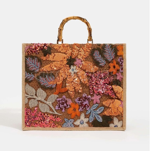 Sequined Floral Decorated Straw Tote Bag Bamboo Handle Embroidered - Picture 9 of 11